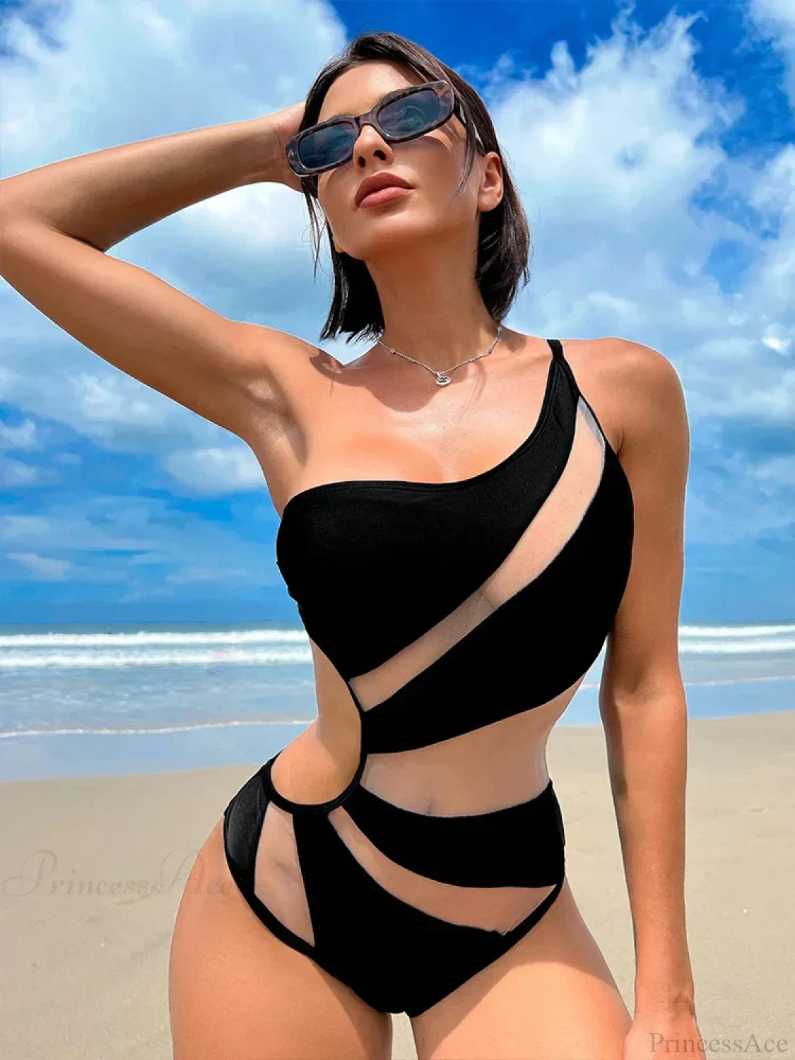 Black Mesh One Shoulder High Cut Monokini One Piece