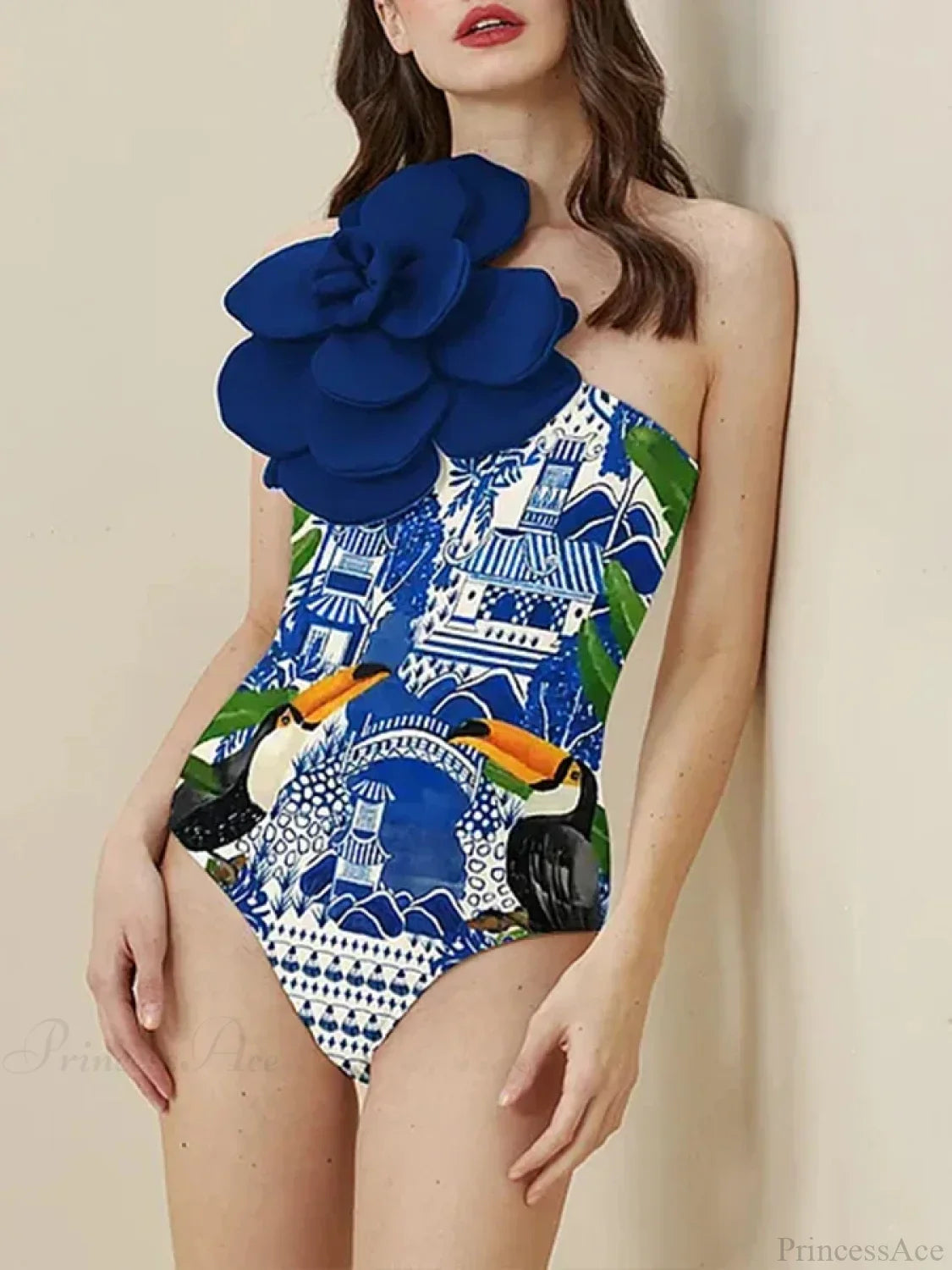 Blue Floral Decoration One Piece Swimsuit Blue / S onepiece-250223