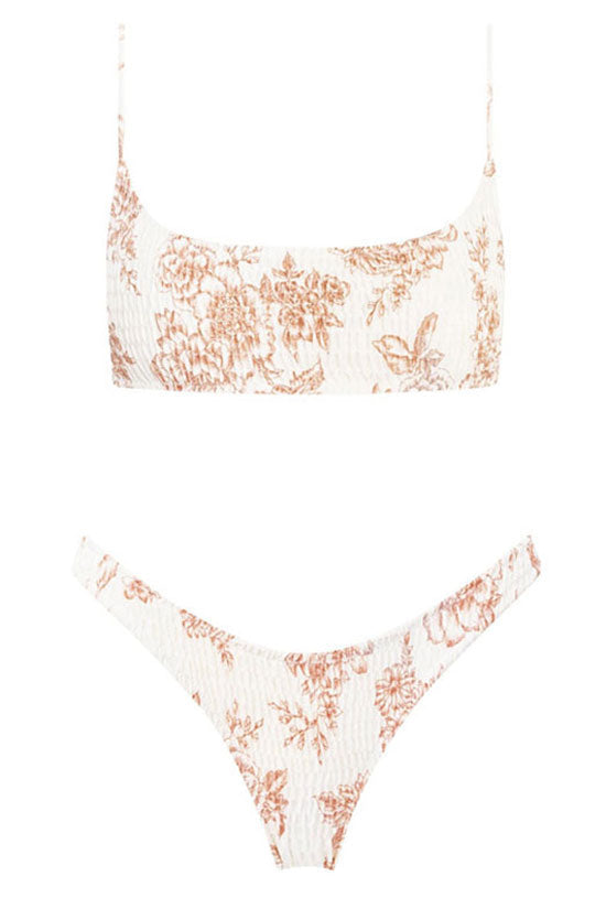 Boho Chic Floral Print Shirred Bralette Bikini Two Piece Swimsuit