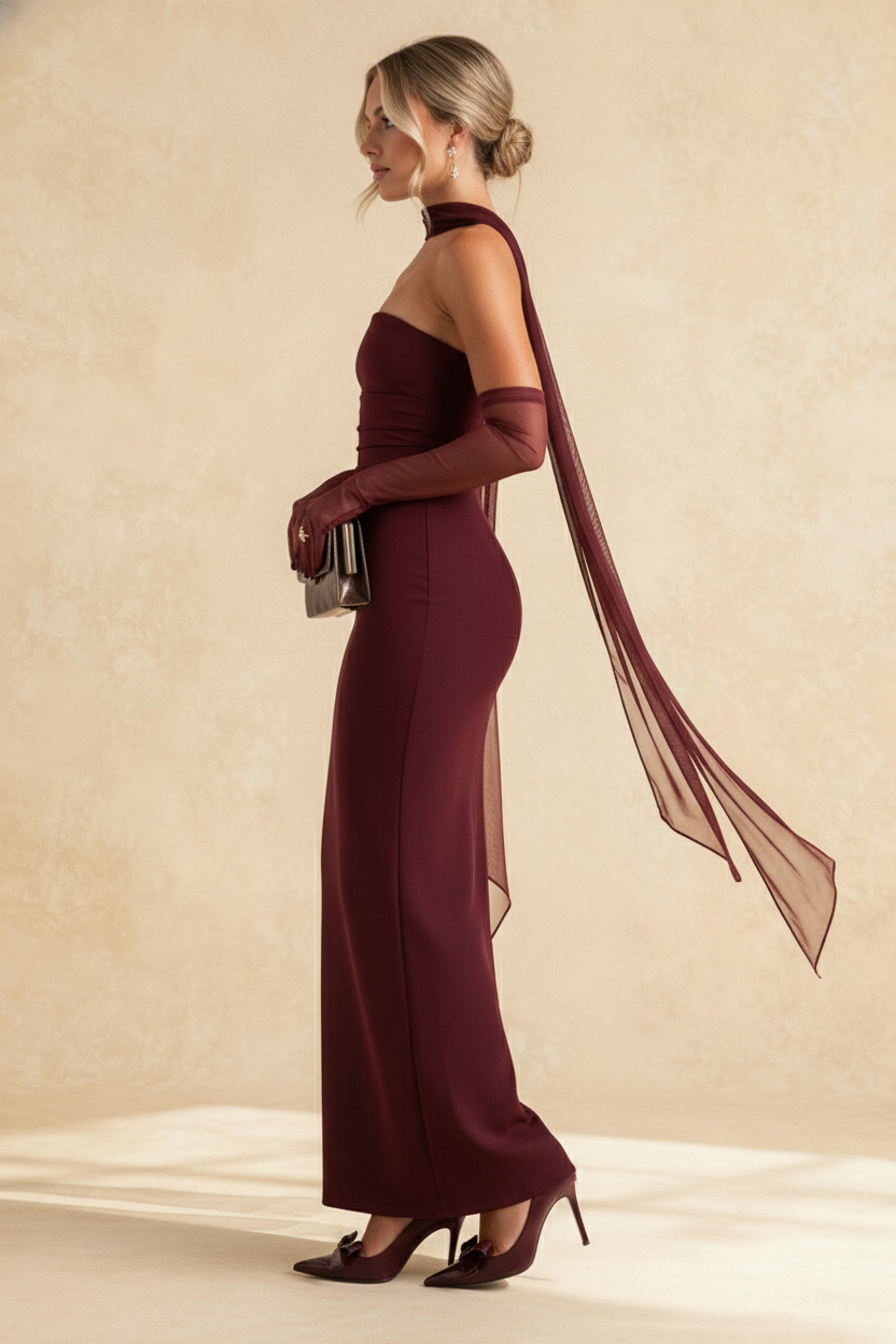 Hudson Maxi Dress With Stole And Gloves - Maroon
