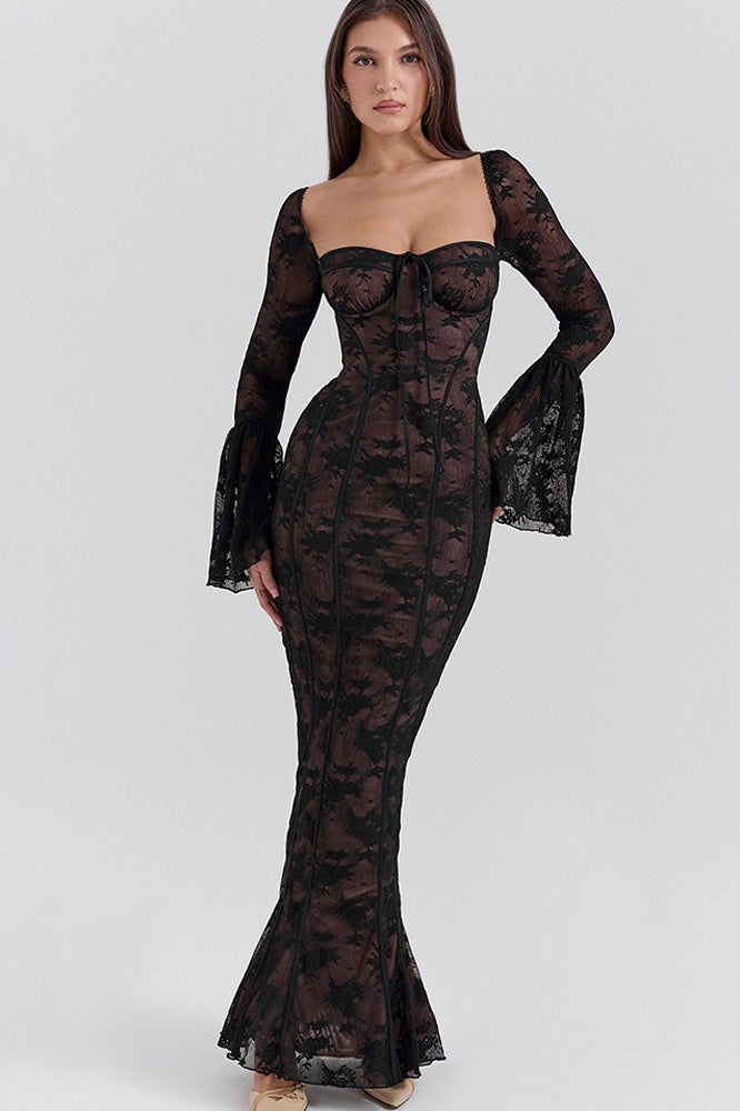 Bodycon Lace Flare Sleeve Maxi Dress