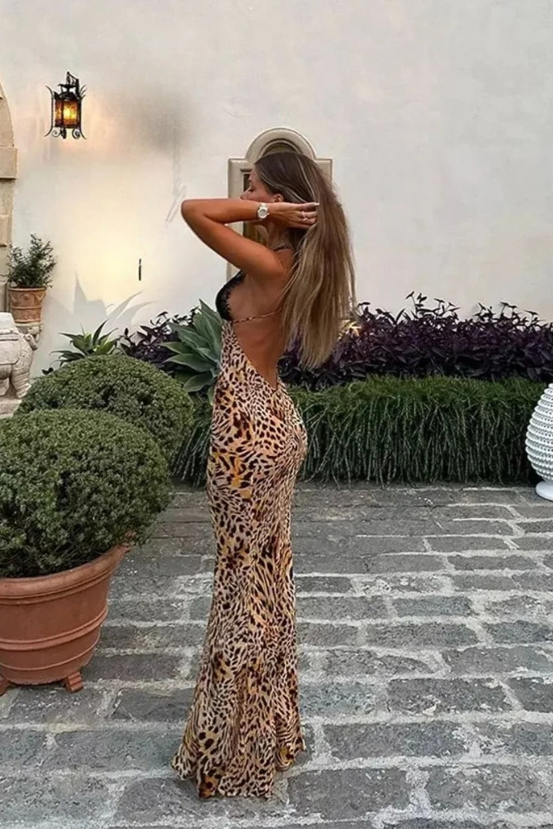 Leopard Print Lace Trimmed Maxi Dress