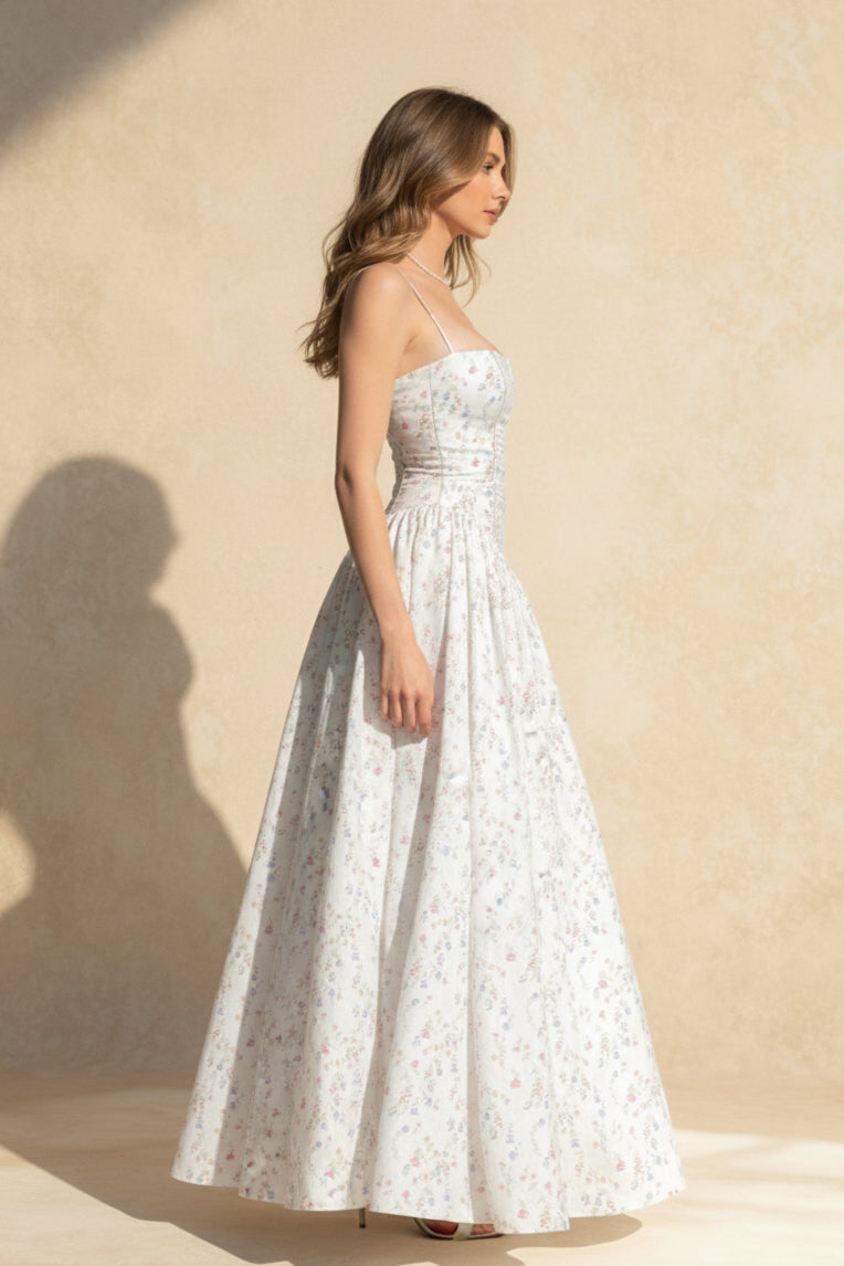 Chiffon Pleated Floral Off Shoulder Maxi Dress