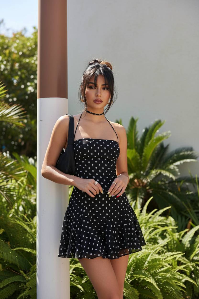 Polka Dot Halter Neck Backless Bodycon Mini Dress