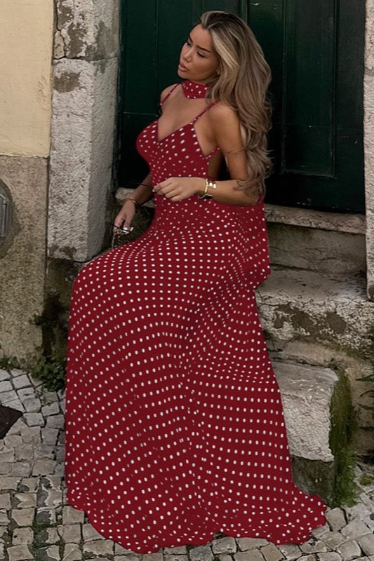 Sexy Polka Dot V-Neck Backless Cami Maxi Dress