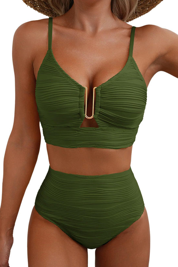Solid Color V-neck Hollowed-out Pleated High Waist Stretch Two-Piece Bikini Swimsuit
