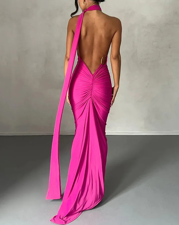 One Shoulder Scarf Ruched Maxi Dress