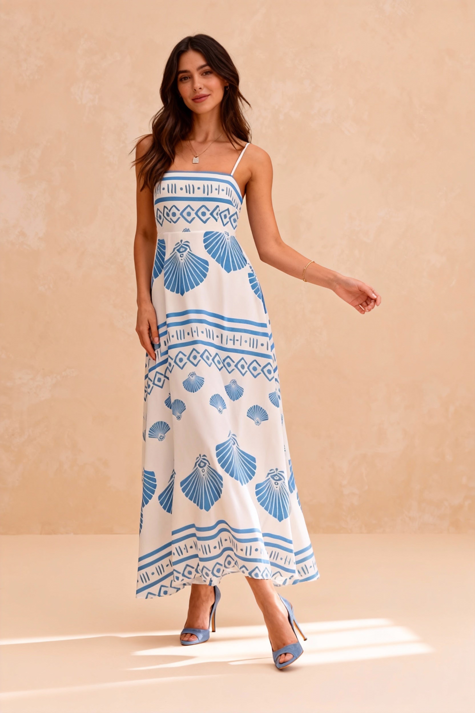 Shell Print High Waist Flowy Cami Maxi Dress