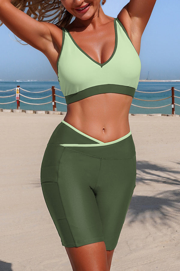 Stylish V-neck Pocketed Stretch Two-piece Bikini Swimsuit and Solid Color Long-sleeved Cover-up Set