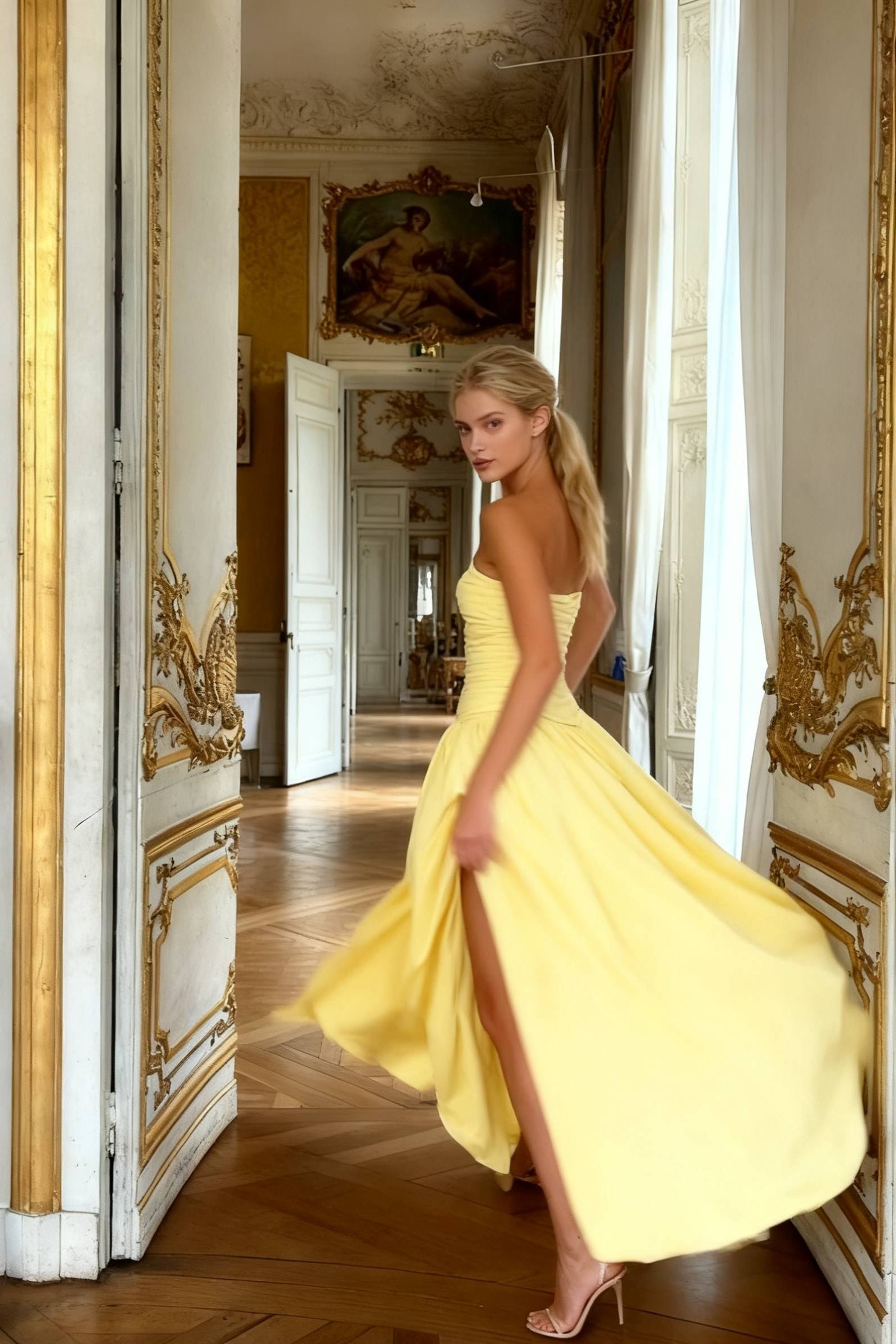 Strapless High Split Lace-Up Back Maxi Dress