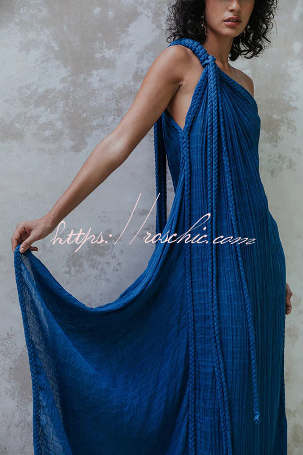 Khloe Linen Blend One Shoulder Draped Braids Cover Up Maxi Dress