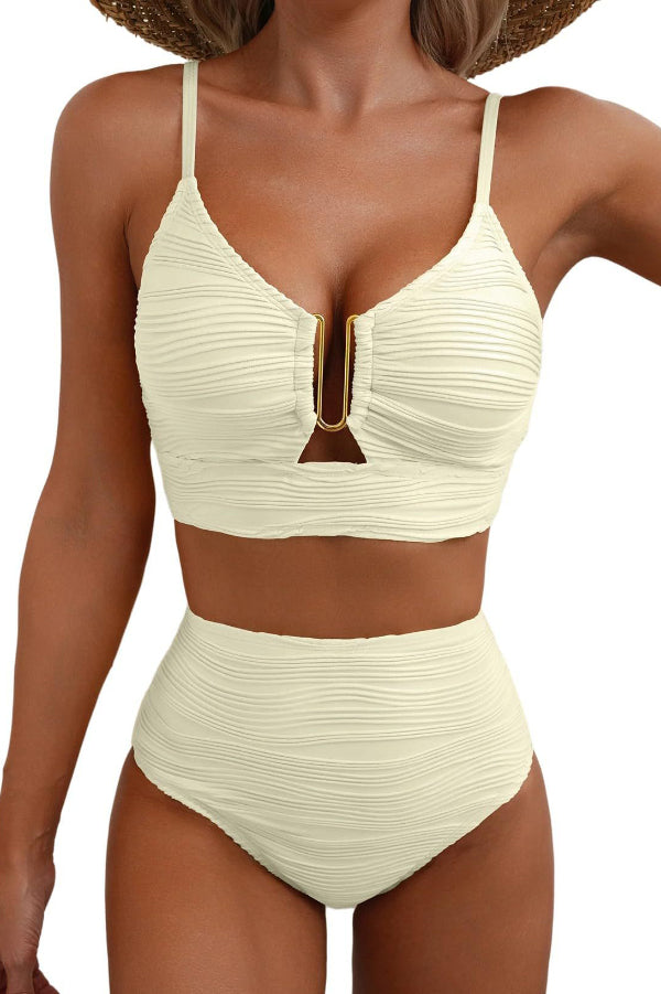 Solid Color V-neck Hollowed-out Pleated High Waist Stretch Two-Piece Bikini Swimsuit