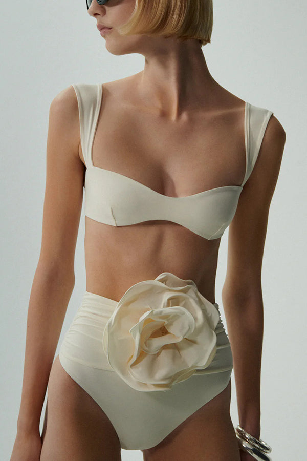 Solid Color Square Neck High Waist 3D Floral Stretch Bikini Swimsuit