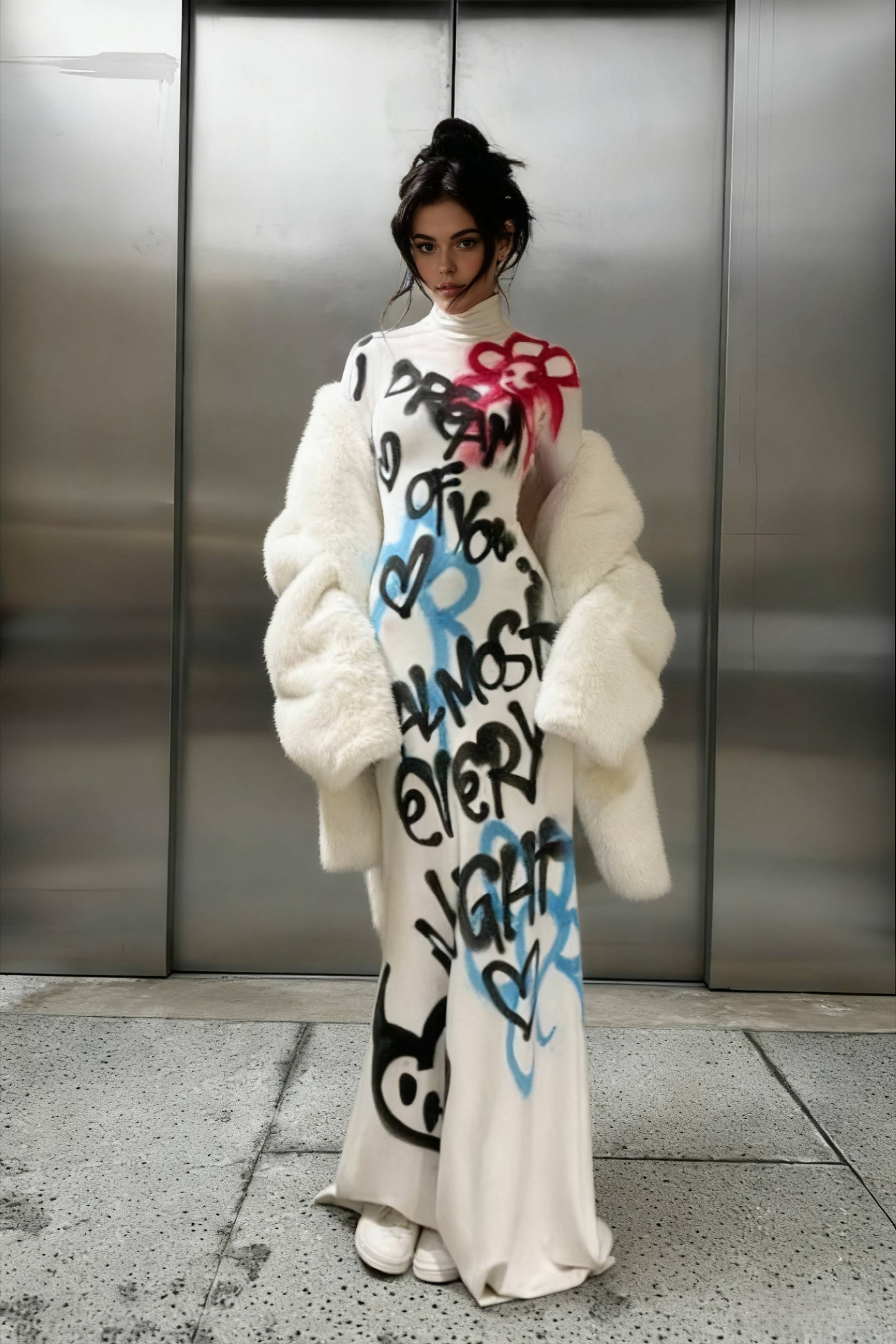 Sexy High Neck Graffiti Color Block Bodycon Maxi Dress