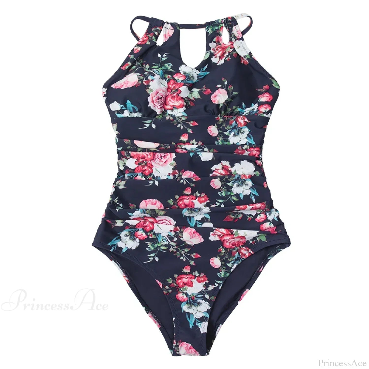 Floral Halter Cutout Lace Up One Piece Set black / XS