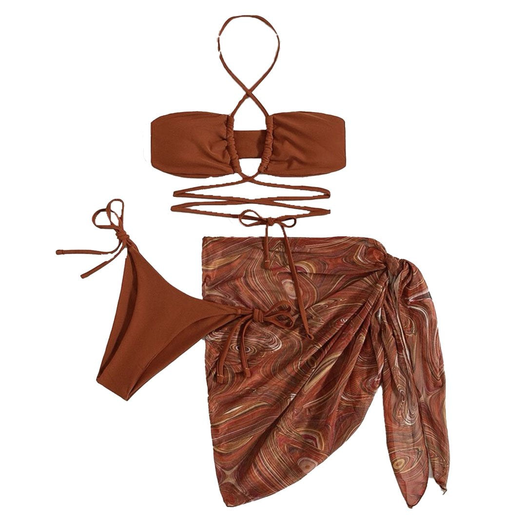 Cross front halter hollow out self tie mini dress 3 piece swimwear - Fashionpara