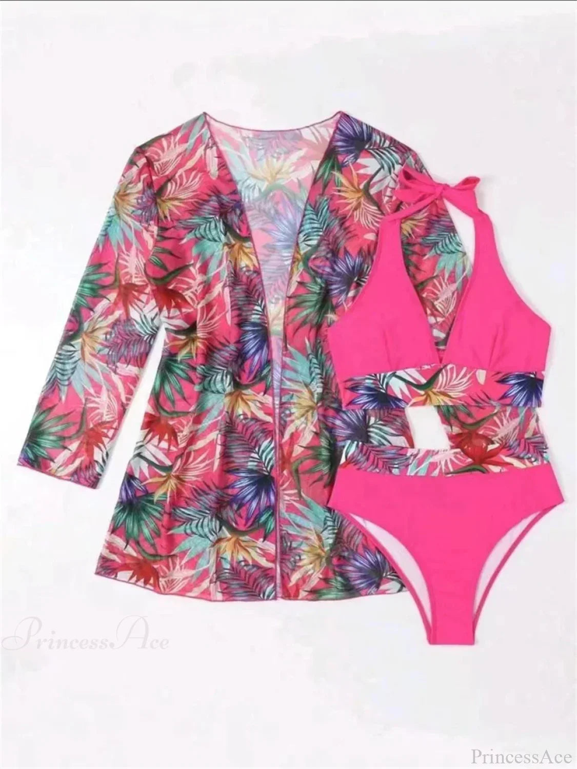 Kimono Halter High Waist Three Two Piece Set Pink Red / S