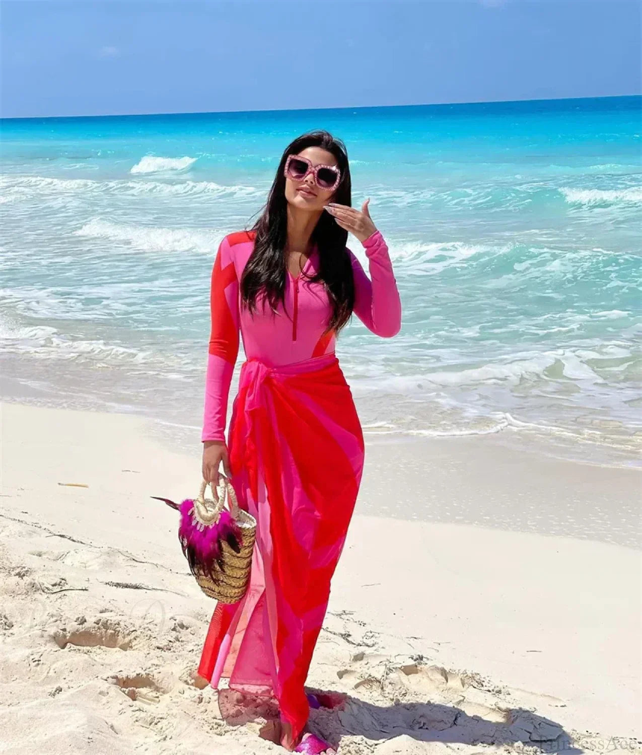 Pink Patchwork Zipper One Piece Swimsuit