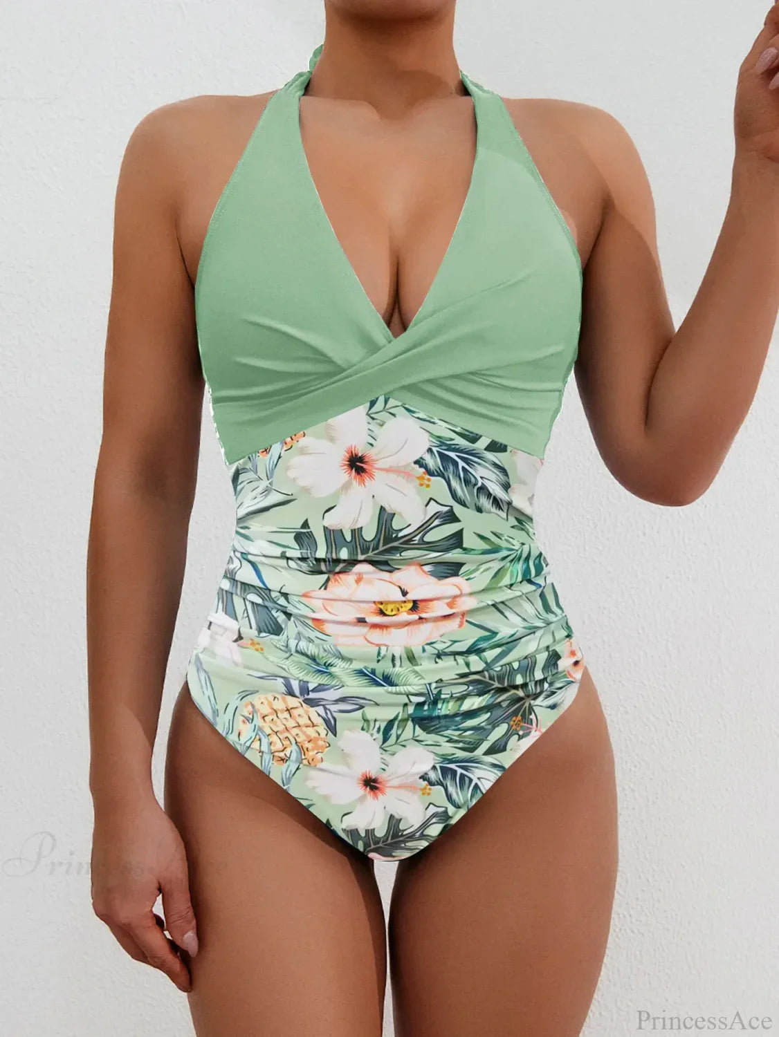 Print Patchwork Halter Push Up One Piece Set Green2 / S