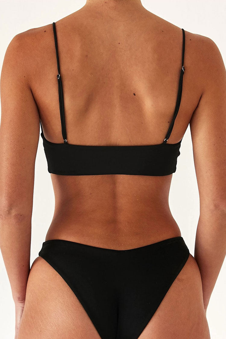 Simple Solid Color High Cut V Neck Bralette Bikini Two Piece Swimsuit
