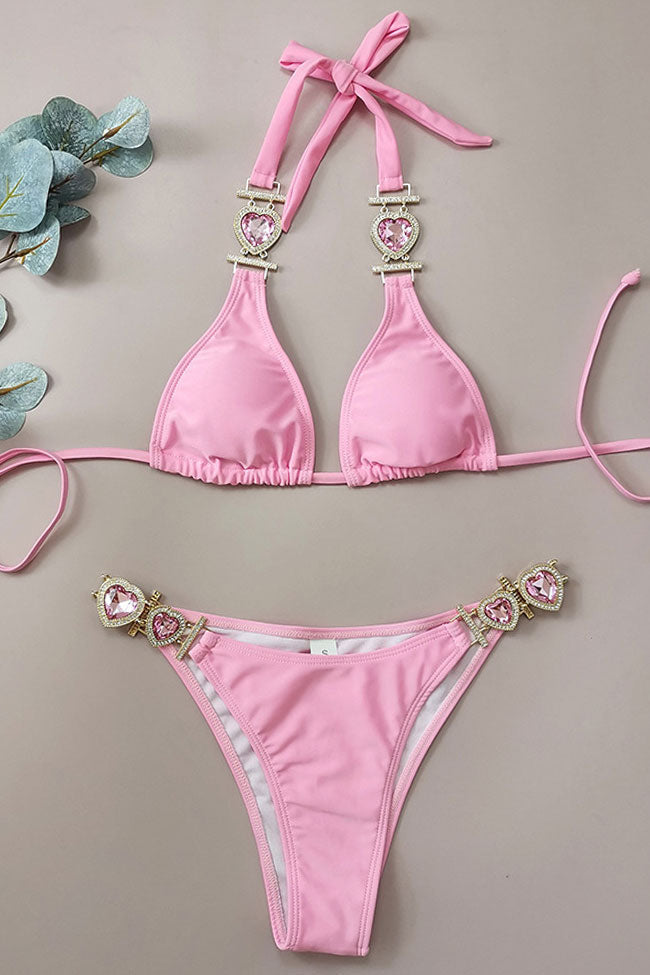 Sparkly Heart Crystal Cheeky Slide Triangle Bikini Two Piece Swimsuit