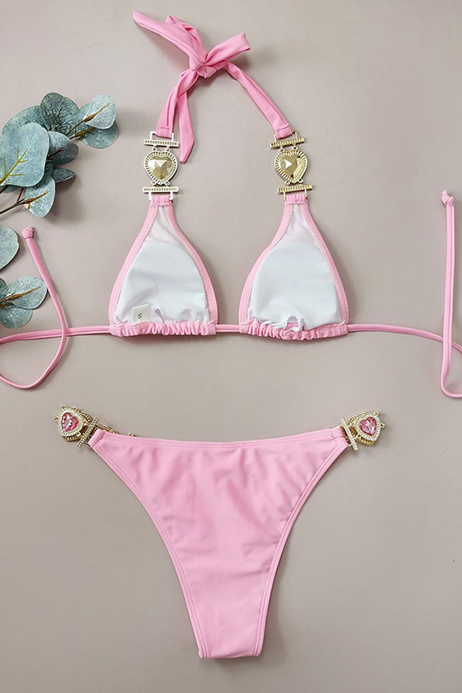 Sparkly Heart Crystal Cheeky Slide Triangle Bikini Two Piece Swimsuit