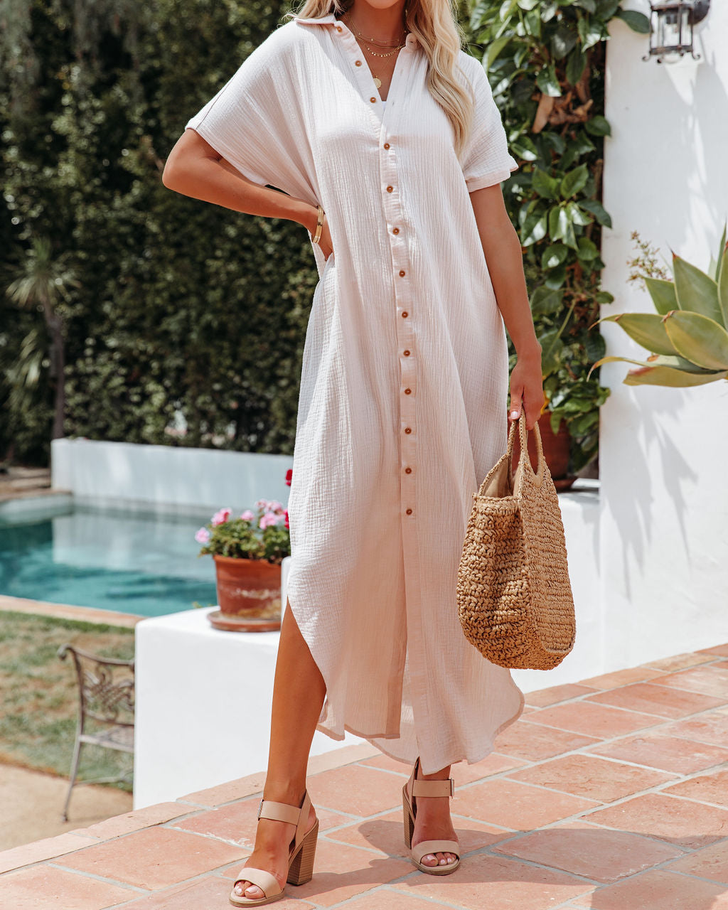 Summertime Cotton Button Down Maxi Dress - Cream - Fashionpara