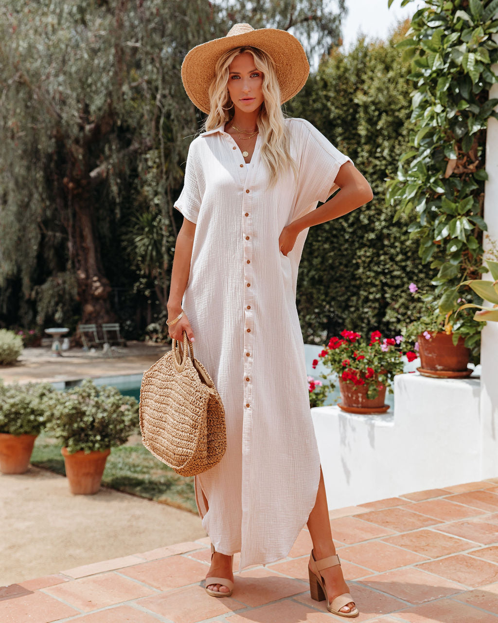 Summertime Cotton Button Down Maxi Dress - Cream - Fashionpara