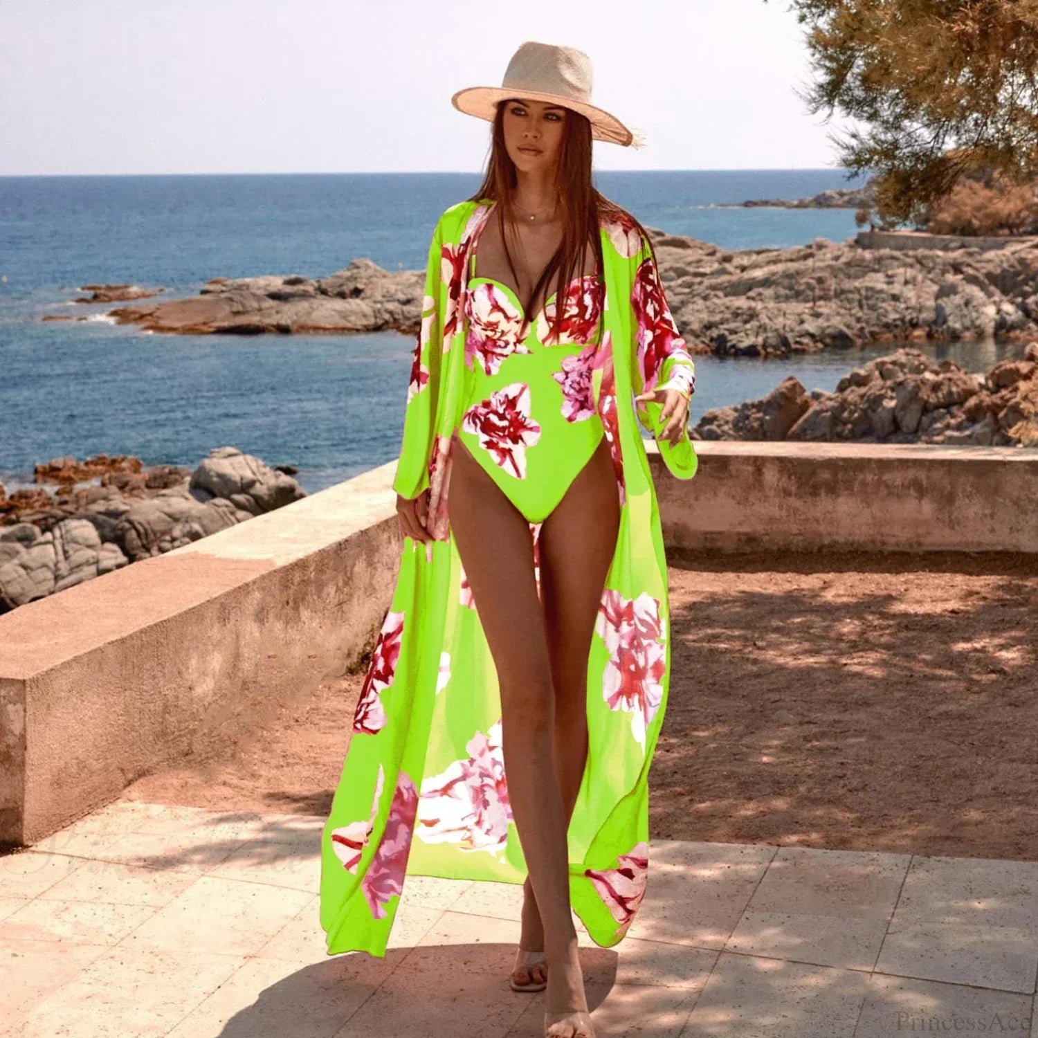 Swimwear with Kimono One Piece Swimsuit Three Piece Set green / S