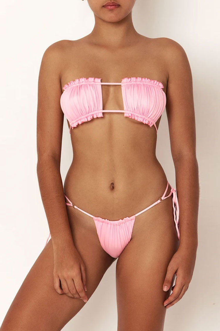 Tie String Shirred Bandeau Bikini Two Piece Swimsuit