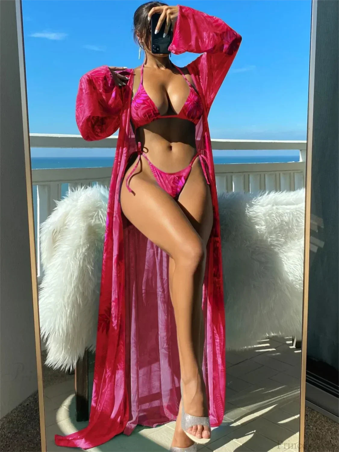 Triangle String Bikini Set with Kimono Three Piece Swimsuit Hot Pink / S