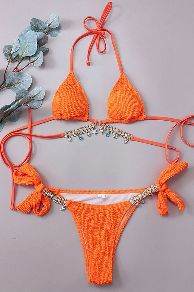Twinkle Crystal Chain Tie Strap Crinkle Wrap Triangle Bikini Two Piece Swimsuit