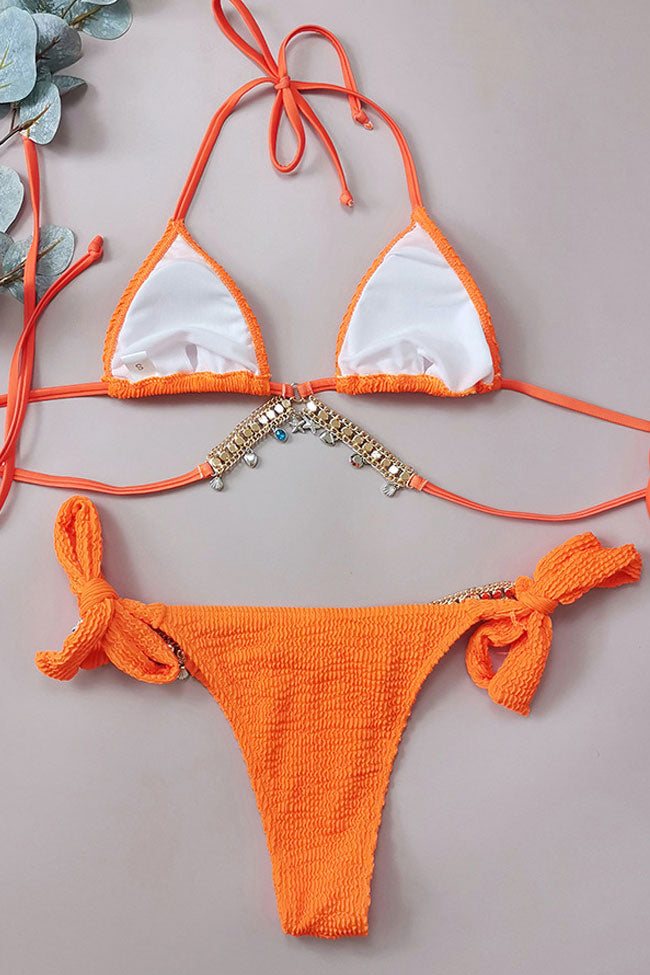 Twinkle Crystal Chain Tie Strap Crinkle Wrap Triangle Bikini Two Piece Swimsuit