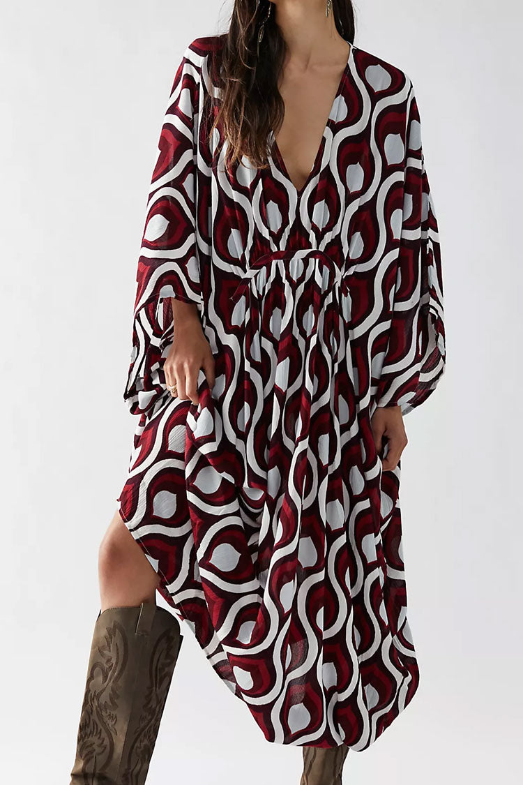 Vibrant Print V Neck Dolman Sleeve Oversized Beach Vacation Maxi Dress - Fashionpara
