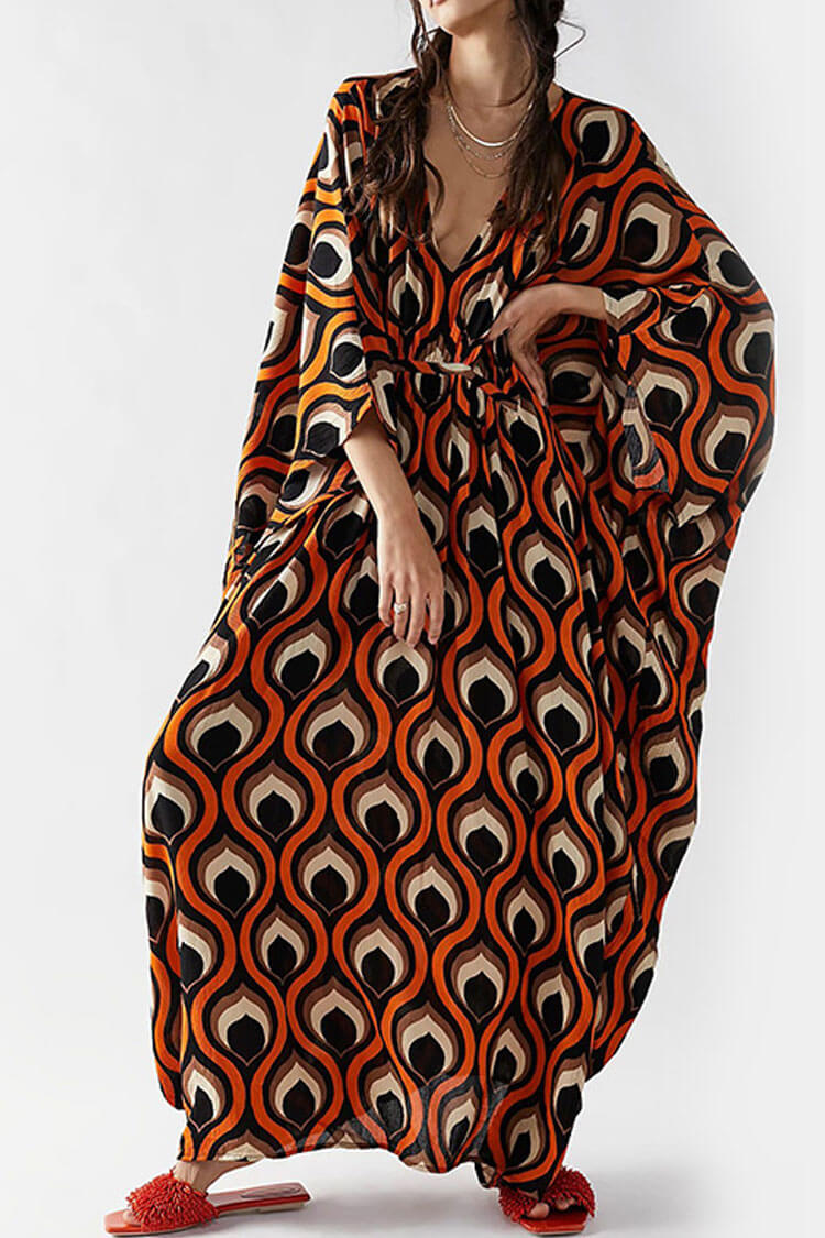 Vibrant Print V Neck Dolman Sleeve Oversized Beach Vacation Maxi Dress - Fashionpara
