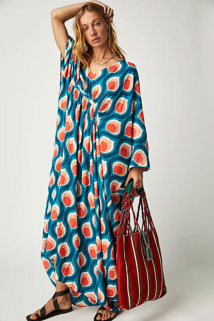 Vibrant Print V Neck Dolman Sleeve Oversized Beach Vacation Maxi Dress - Fashionpara