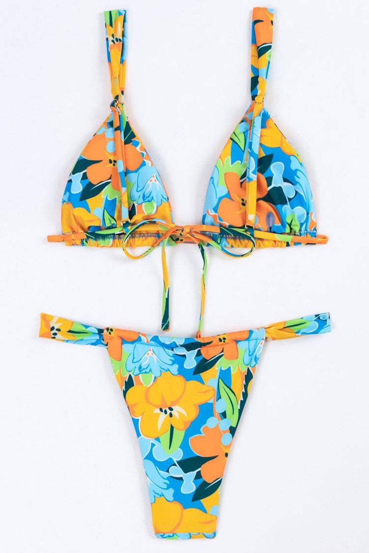Vintage Floral Printed High Leg Slide Triangle Brazilian Bikini Two Piece Swimsuit