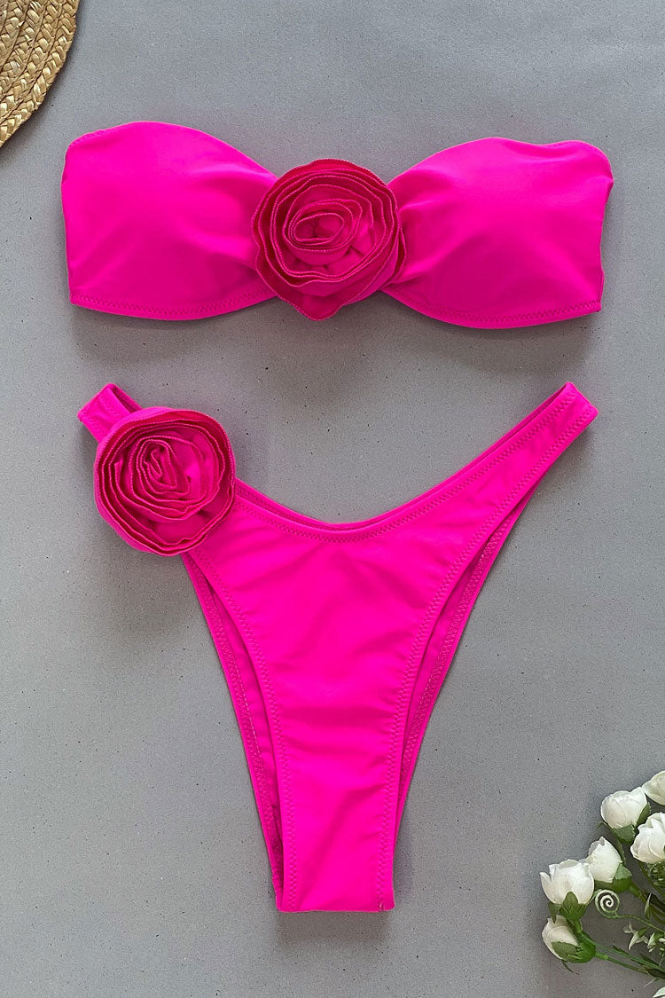 Vintage High Leg Brazilian Cheeky 3D Flower Bandeau Bikini Two Piece Swimsuit