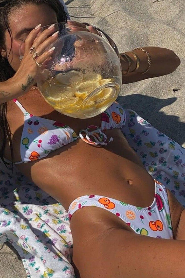 Vivid Print High Cut Tie String Sliding Triangle Bikini Two Piece Swimsuit