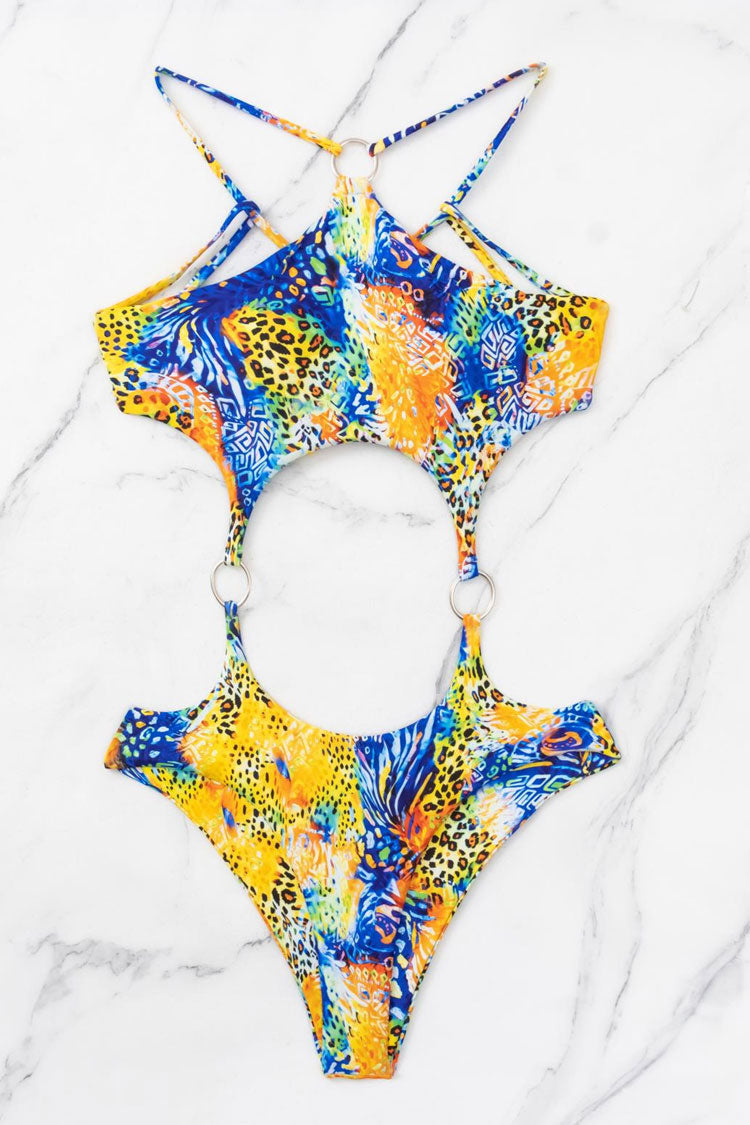 Wild Cheetah Printed V Neck O Ring Cutout Monochrome One Piece Swimsuit