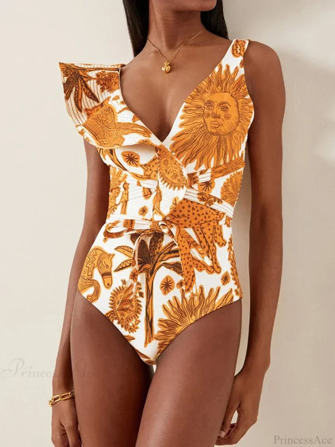 Yellow Sun Pattern V Neck One Piece Swimsuit Yellow / S onepiece-250223