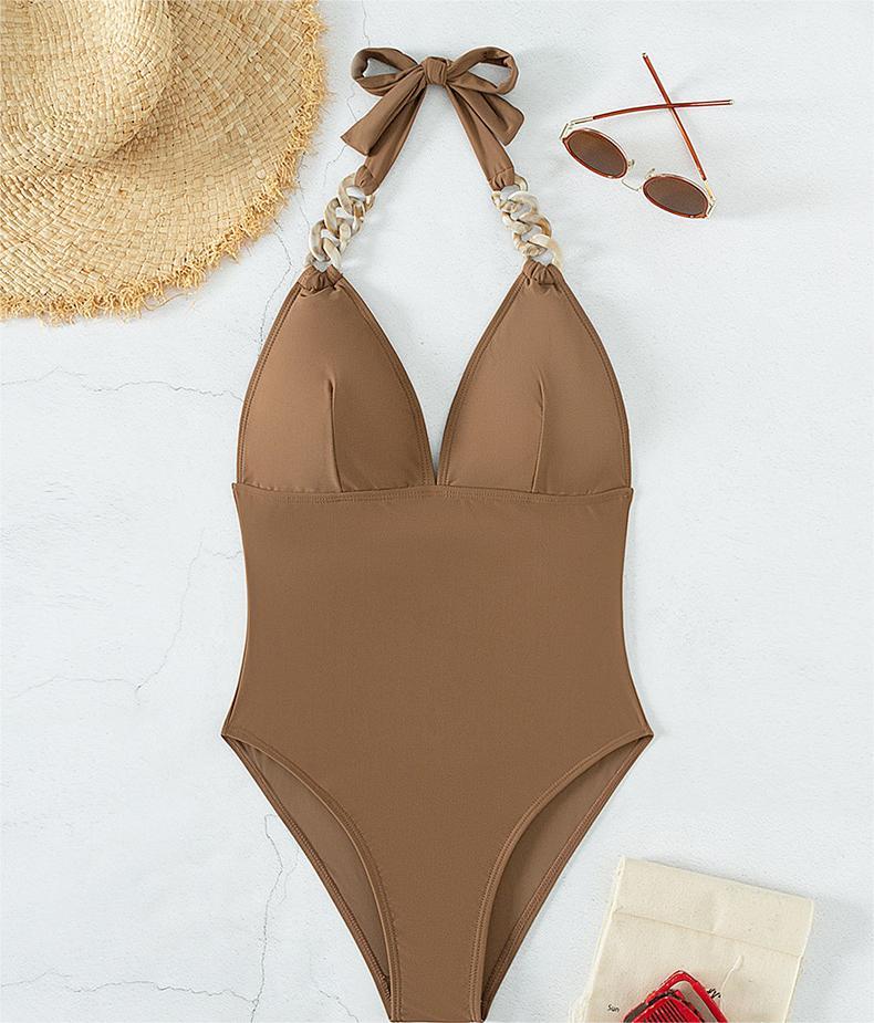 Swimsuit Women Solid Color Chain Shoulder Strap Retro Swimsuit One Piece Swimsuit