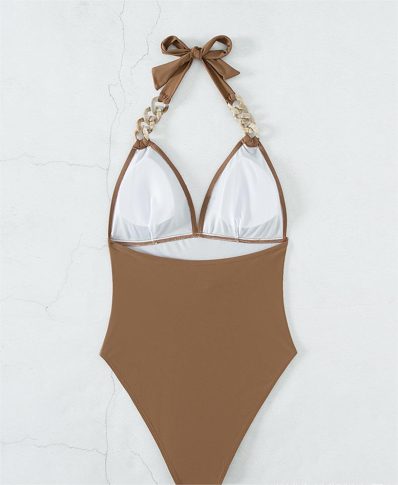 Swimsuit Women Solid Color Chain Shoulder Strap Retro Swimsuit One Piece Swimsuit