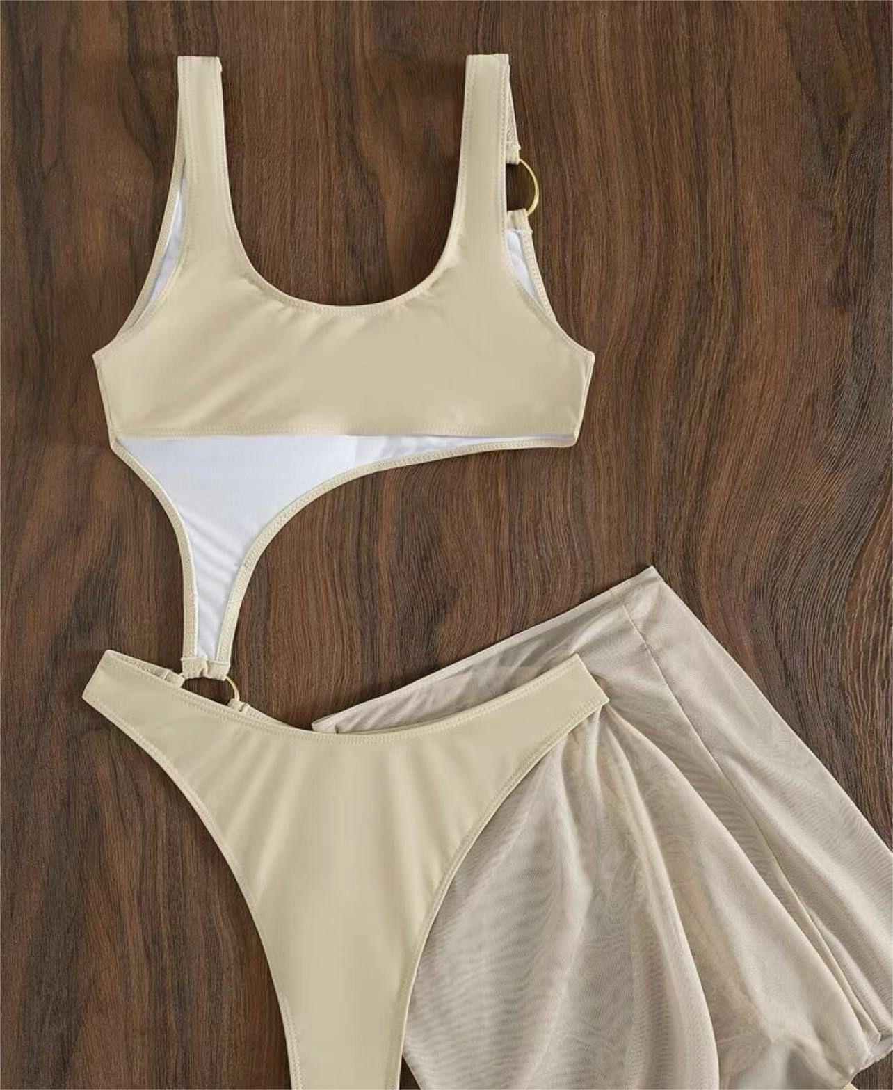 Solid Color One Piece Two Piece Suit Bikini Sexy Cutout Mesh Drawstring Swimsuit