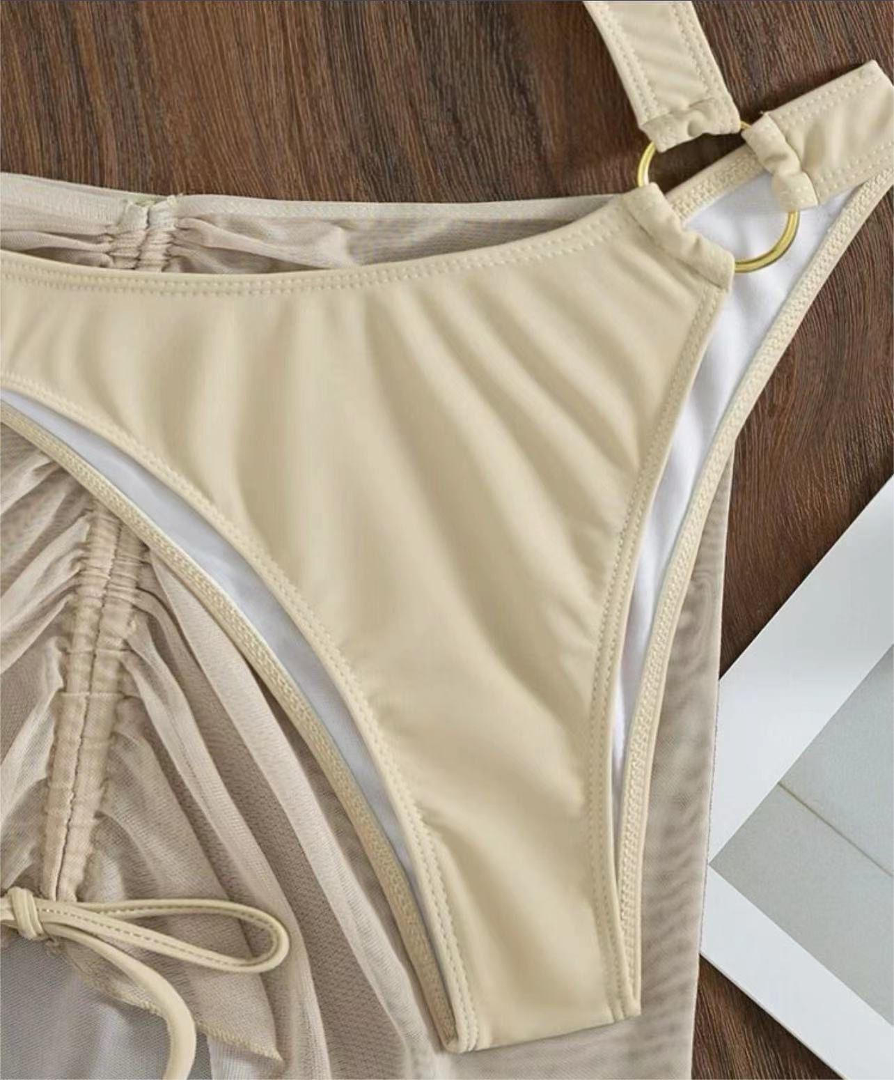 Solid Color One Piece Two Piece Suit Bikini Sexy Cutout Mesh Drawstring Swimsuit