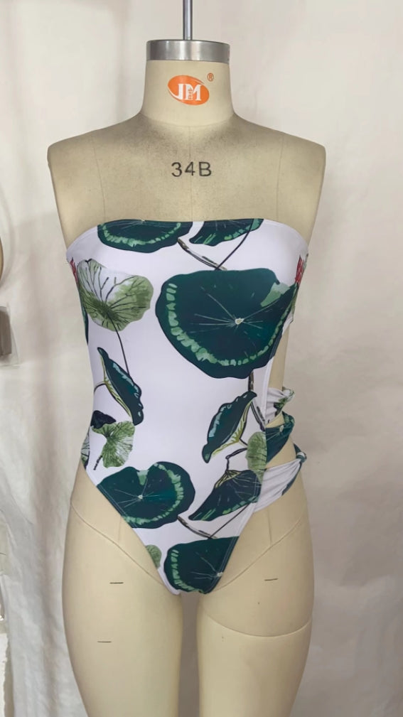 Printed One Piece Swimsuit Women Swimsuit Ink Painting Chinese Cutout Tube Top One Piece Swimsuit
