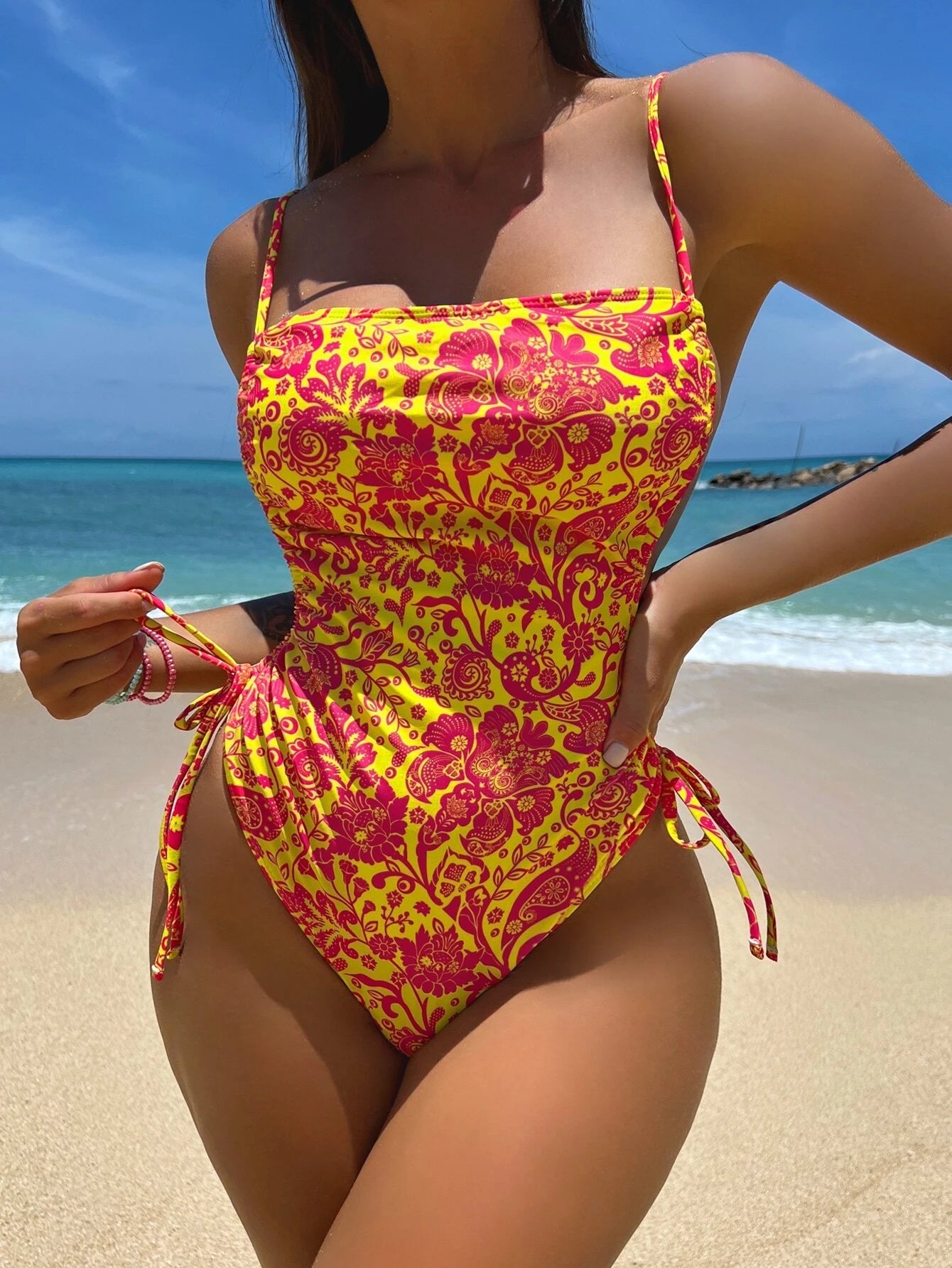 Bikinx Floral Print Drawstring Side One Piece Swimsuit