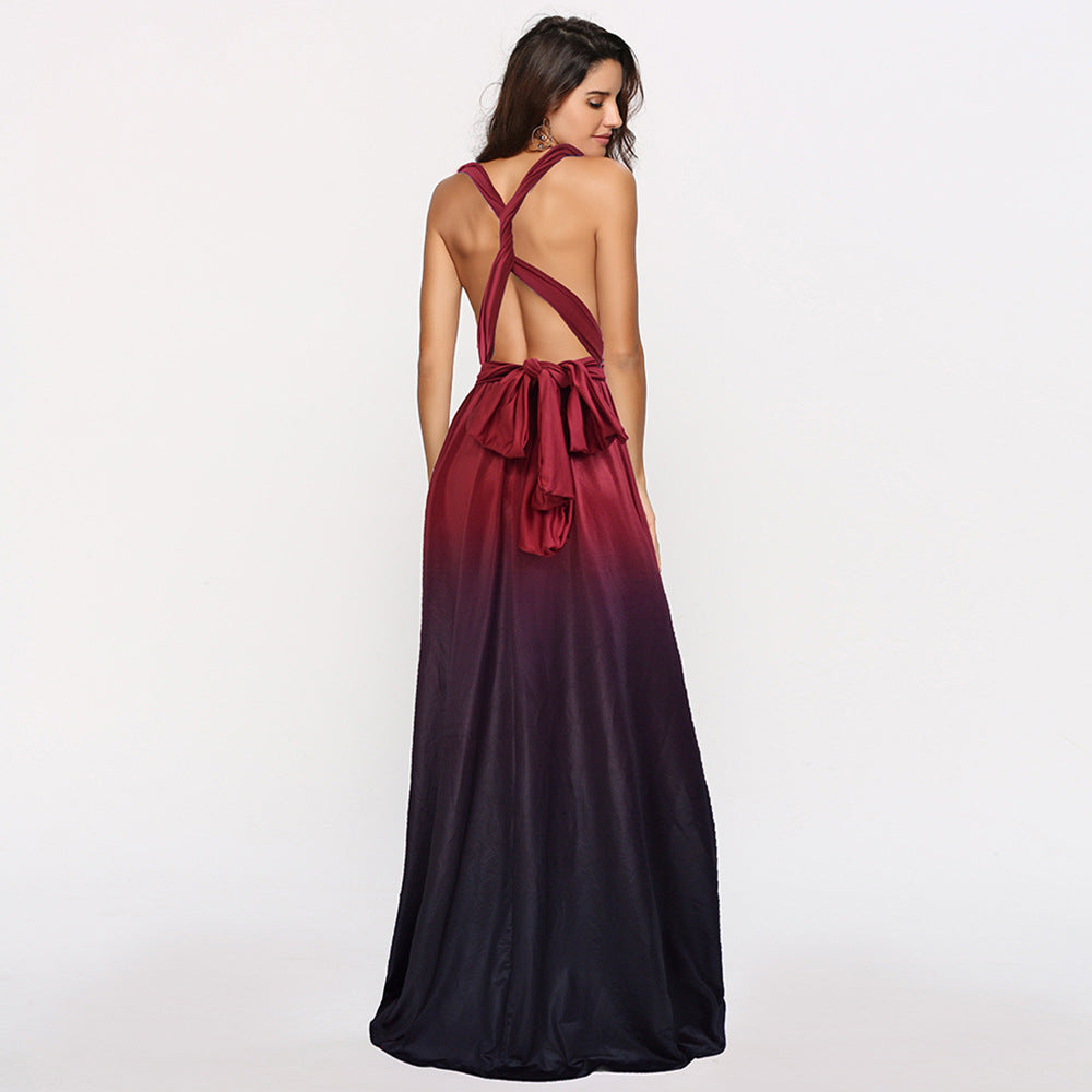 Wear More Wear Criss Cross Backless Sexy Lace-up Gradient Color Maxi Dress