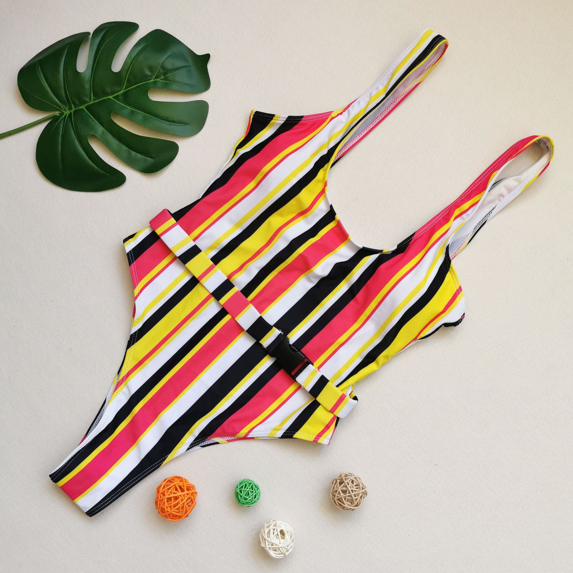 Rainbow Striped Printed One Piece Swimsuit Adjustable Buckle Swimsuit Women Sexy Bikini