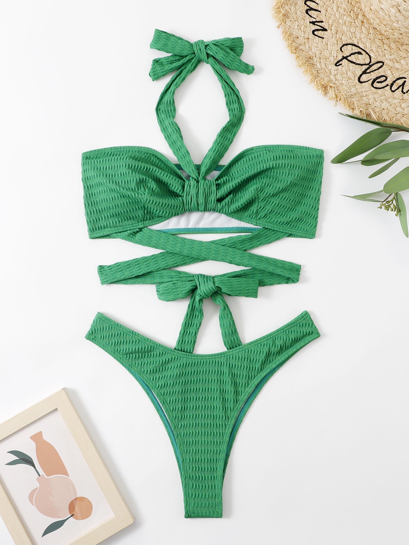 Women Pleated Fabric Halter Lace up Split Bikini Crisscross